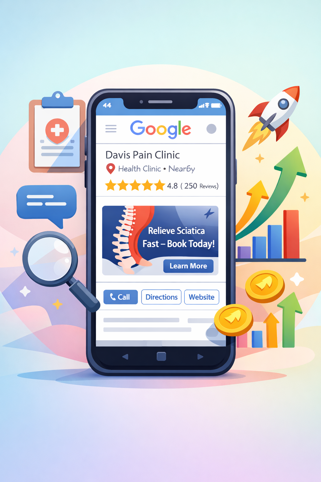 Pain-Clinic-Dominating-Google-Map-Pack Mobile phone with screenshot of Google Business Profile In Top 3 Map Pack with search icons all around